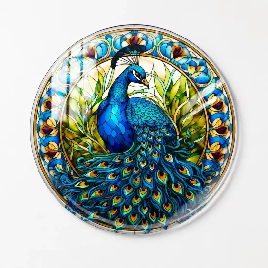 Tavus Kuşu ve Vitray Sanatı Temalı Yuvarlak Cam Tablo