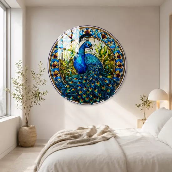 Tavus Kuşu ve Vitray Sanatı Temalı Yuvarlak Cam Tablo