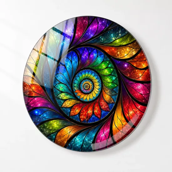 Spiral Renklerin Dansı ve Vitray Sanatı Temalı Yuvarlak Cam Tablo