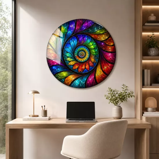 Spiral Renklerin Dansı ve Vitray Sanatı Temalı Yuvarlak Cam Tablo