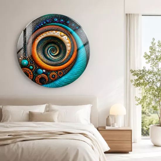 Kozmik Spiral ve Nokta Sanatı Temalı Yuvarlak Cam Tablo