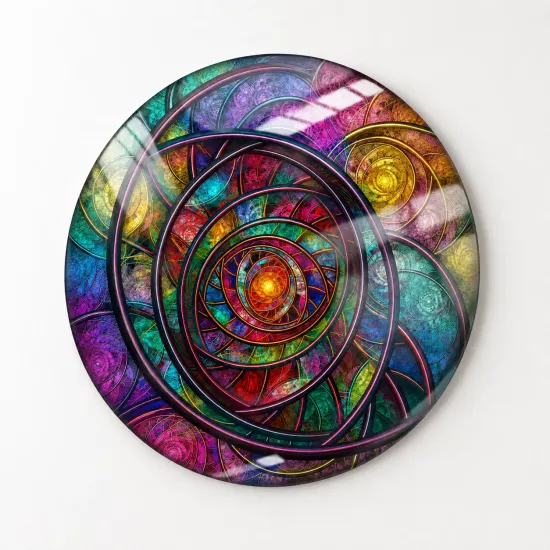 Fraktal Spiral Desenli Renkli Yuvarlak Cam Tablo