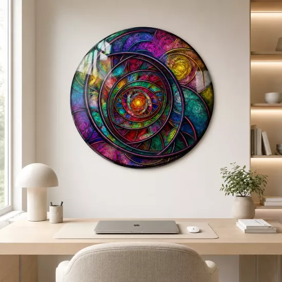 Fraktal Spiral Desenli Renkli Yuvarlak Cam Tablo