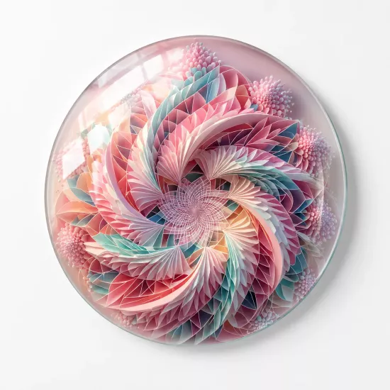 Pastel Tonlarda Fraktal Çiçek Spiral Desenli Yuvarlak Cam Tablo