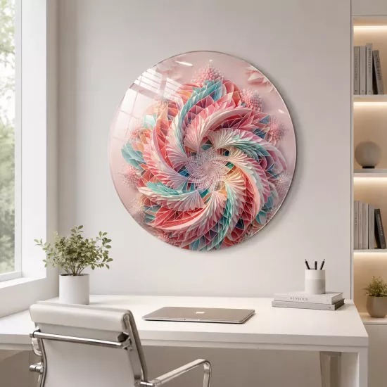 Pastel Tonlarda Fraktal Çiçek Spiral Desenli Yuvarlak Cam Tablo