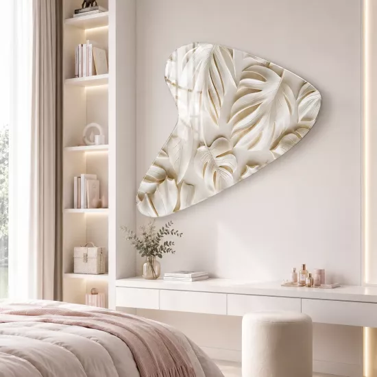 Monstera Yaprakları Kabartma Desen Mekik Form Cam Tablo