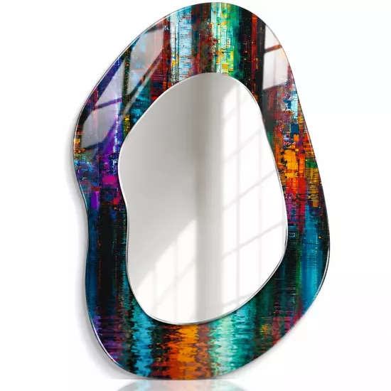 Soyut Şehir Işıkları Organik Form Dekoratif Ayna | Geometrik Oval Aynalı Cam Tablo