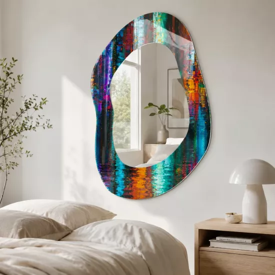 Soyut Şehir Işıkları Organik Form Dekoratif Ayna | Geometrik Oval Aynalı Cam Tablo