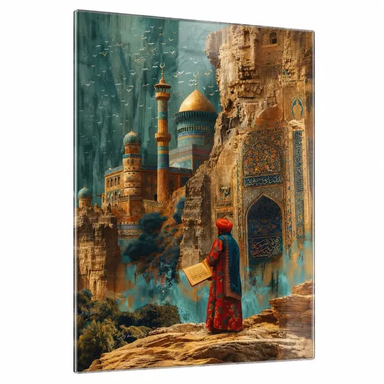 Mistik Şehirde Kitap Okuyan Adam Temalı Dikey Cam Tablo