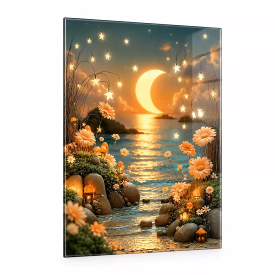 Ay Işığı ve Yıldız Çiçekleri Temalı Büyülü Sahil Dikey Cam Tablo