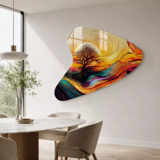 Batan G&uuml;neş Ağacı Soyut Sanat Mekik Form Cam Tablo