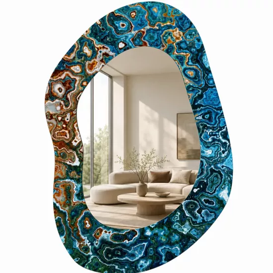 Organik Form Turkuaz ve Kahve Tonlu Akik Desenli Dekoratif Ayna | Geometrik Oval Aynalı Cam Tablo