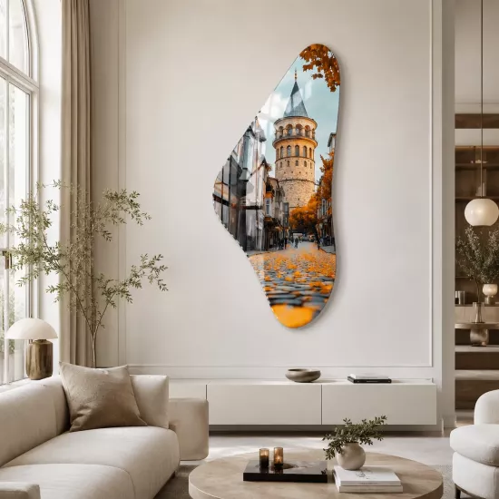 Sonbahar Galata Kulesi Temalı Geometrik Cam Tablo